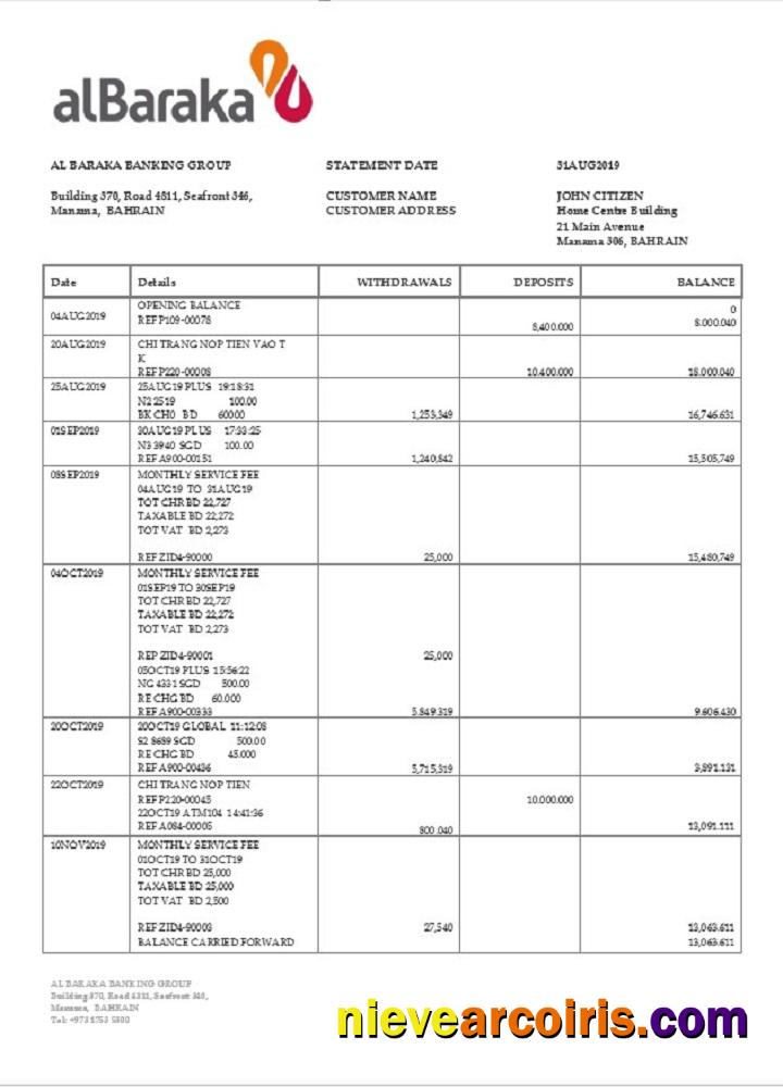 Bahrain Al Baraka bank statement